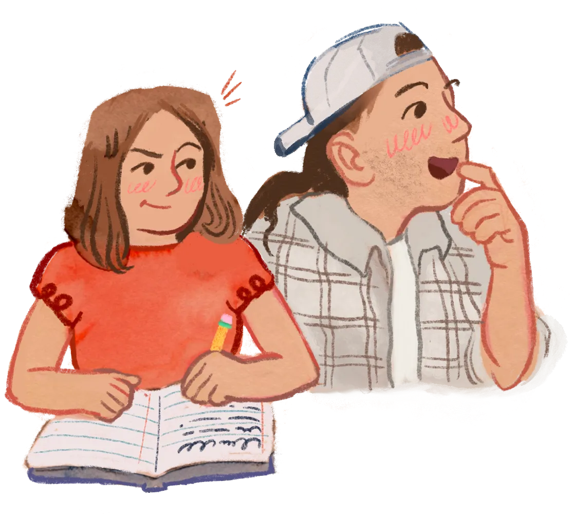 Watercolour of Amie writing in a notebook with B beside her, hand on his chin, thinking