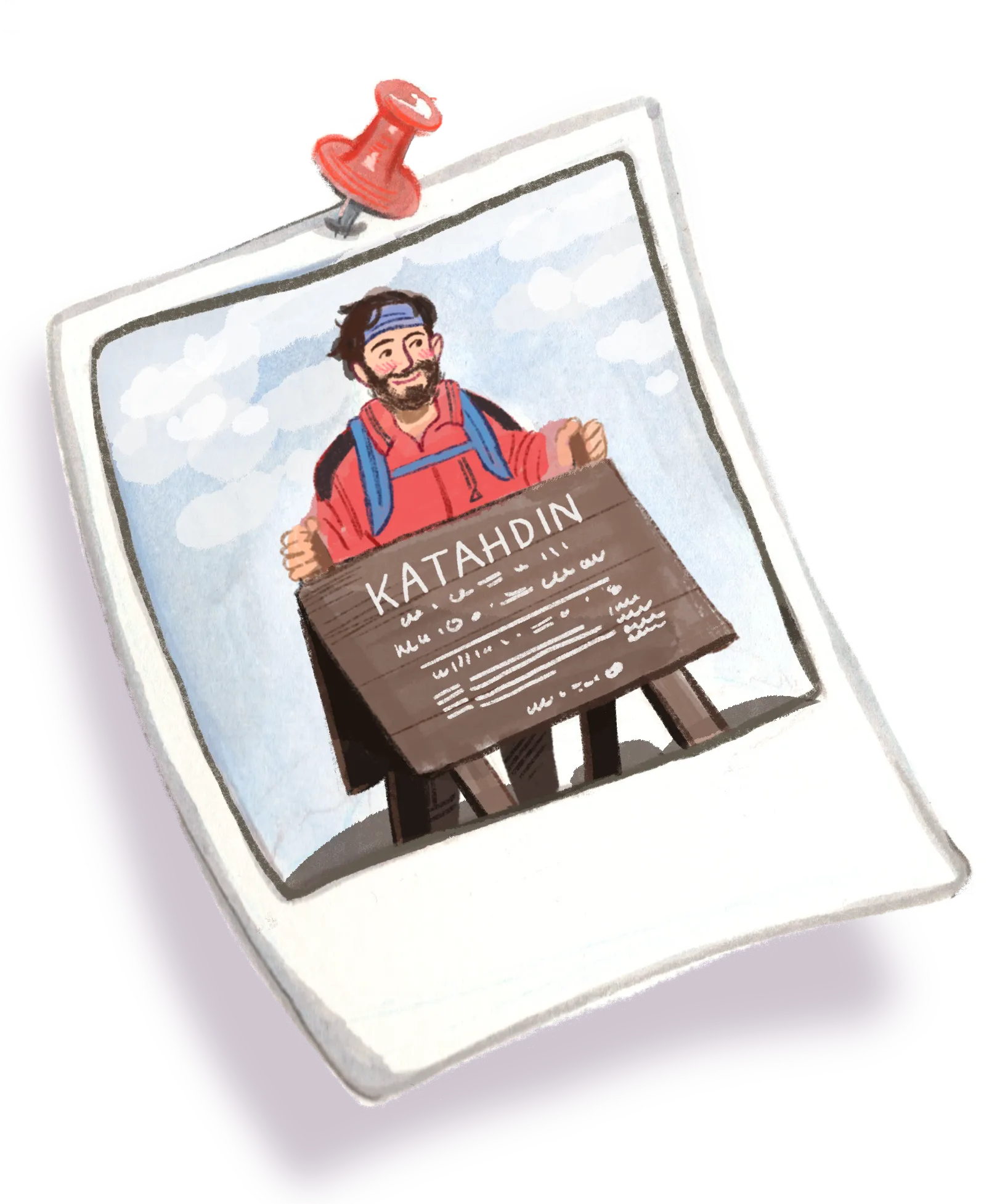 Watercolour of a polaroid, pinned up, of B grinning behind the summit sign at Katahdin